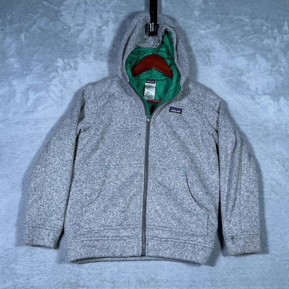 Patagonia Jacket Boys M Gray Hooded Fleece Insulated Full‎ Zip Better Sweater*
